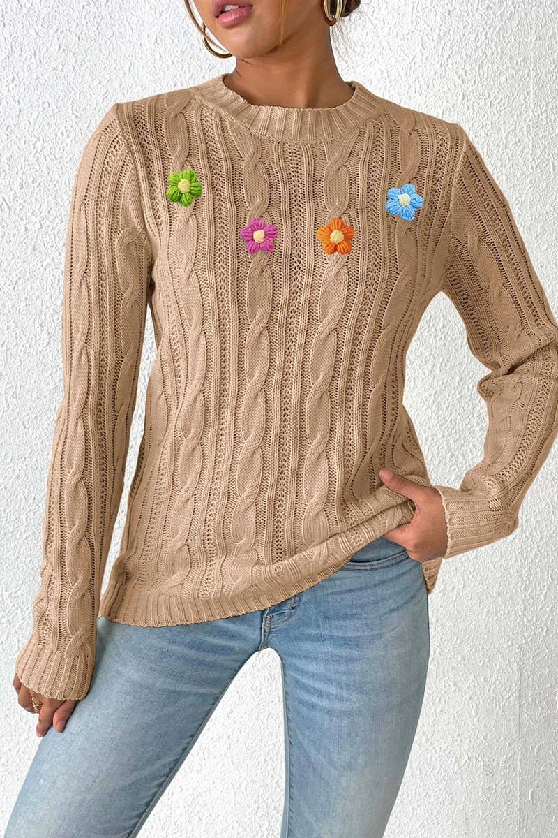CWOSWL07409_WOMEN ROUND NECK KNIT SWEATER CROCHET PATCHWORK