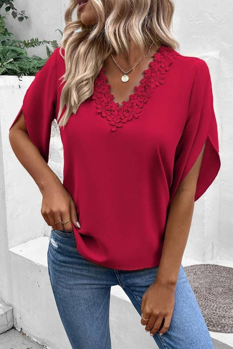 CWTSTS0661_SUMMER LACE V-NECK TRUMPET SLEEVE LOOSE SHIRT