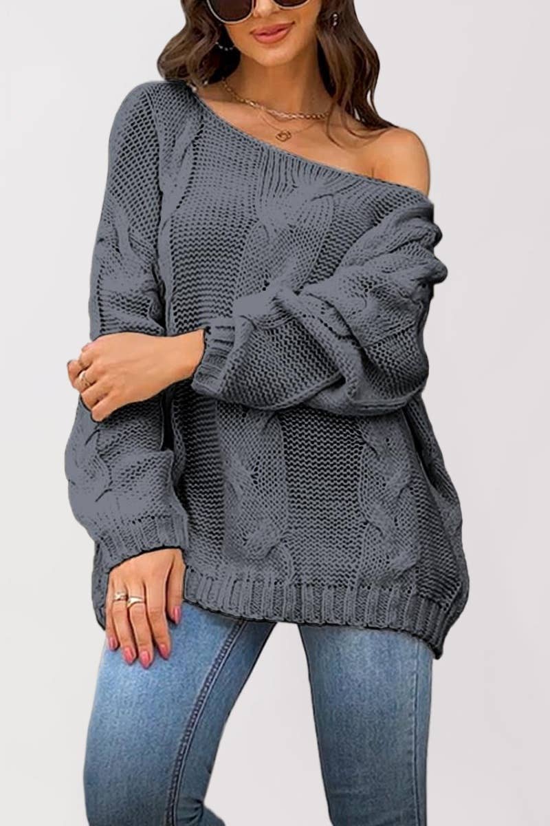 CWOSWL5853_ONE-SHOULDER LONG-SLEEVED PULLOVER SWEATER