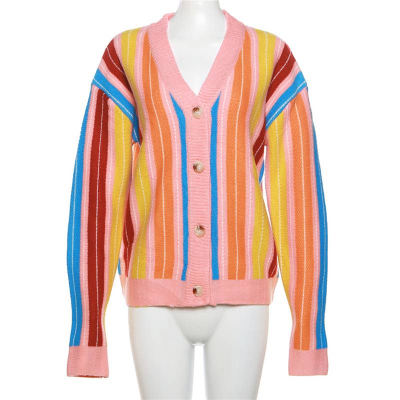COLOR CONTRAST STRIPED LONG SLEEVE CARDIGAN