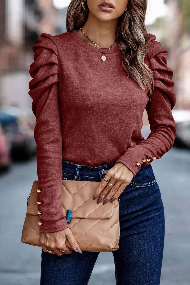 CWTBLL4005_CREW NECK PUFF SLEEVE BUTTON FRONT BLOUSE