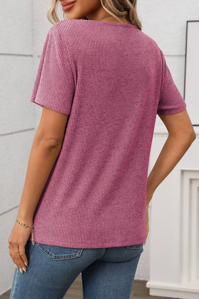 CWTTS1366_SUMMER V-NECK KNITTED STRIPED SHORT-SLEEVED TOP