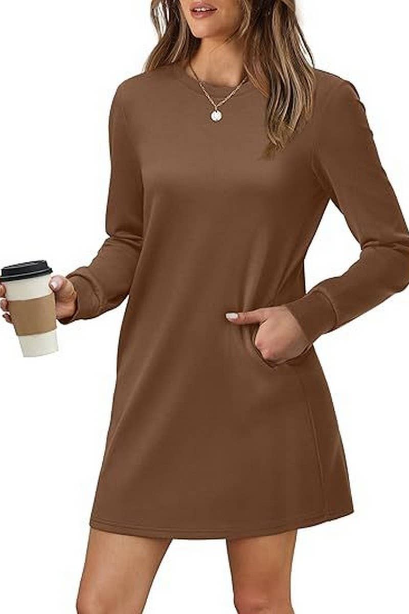 CWDSD8813_ROUND NECK POCKET LONG SLEEVE SWEATER DRESS