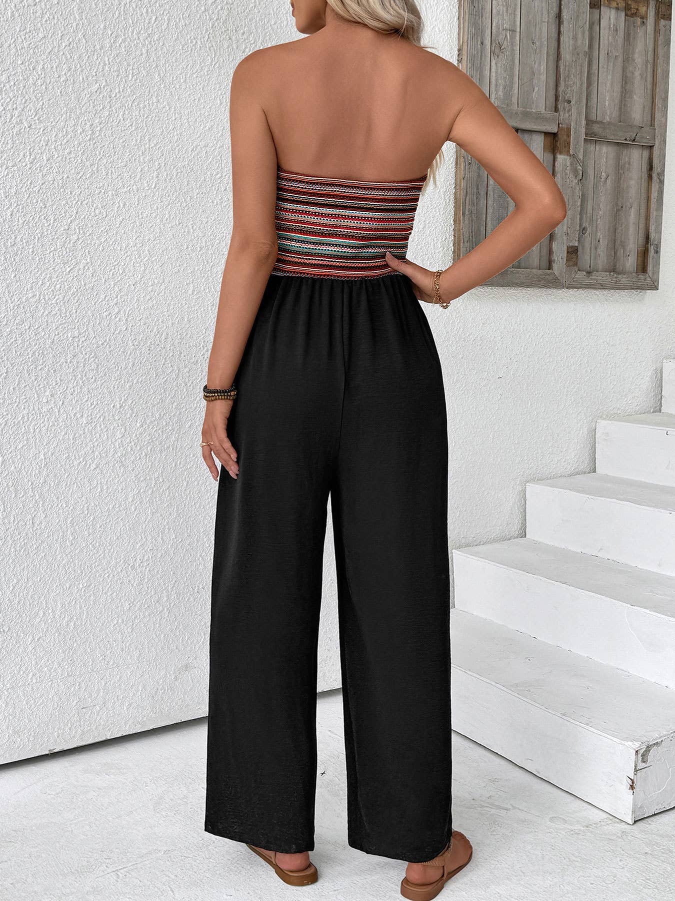 Casual striped patchwork elastic waist jumpsuit