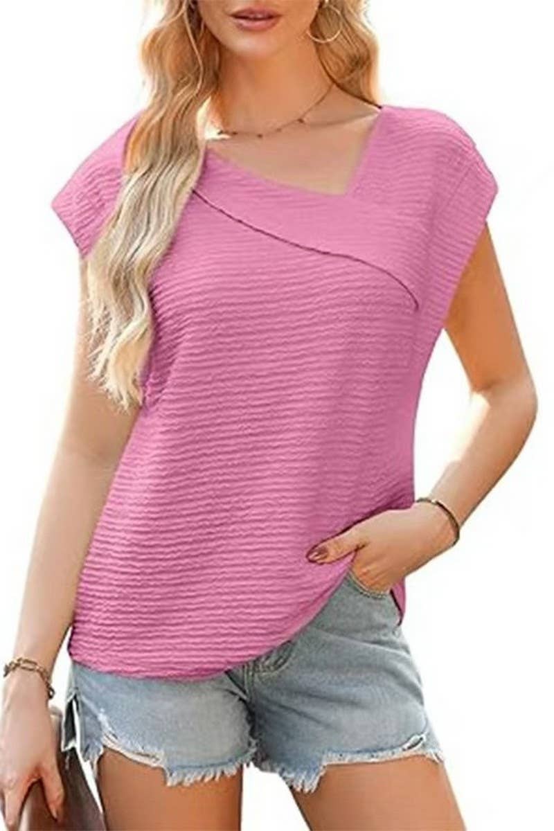 CWTBLS2192_SOLID ONE SHOULDER CASUAL SHORT SLEEVE TEE
