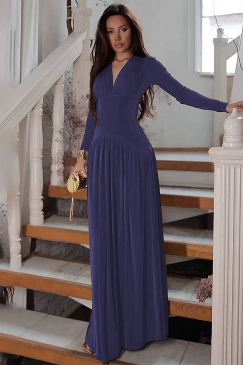 CWDMD01205_V NECK RUCHED WAIST SOLID MAXI DRESS