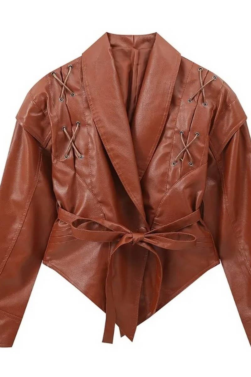 CWOCO1063_VINTAGE CASUAL LACE-UP FAUX LEATHER JACKET