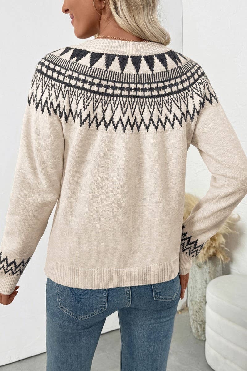 CWOSWL07130_ETHNIC STYLE ROUND NECK PULLOVER KNITTED SWEATER