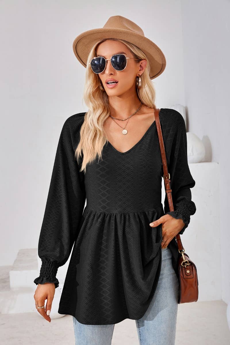 CWTBLL2817_SOLID COLOR PATCHWORK LONG-SLEEVED TUNIC