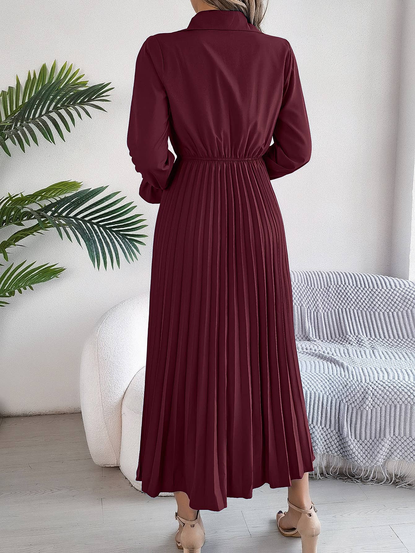 CASUAL LAPEL BUTTON WAIST PLEATED LONG DRESS