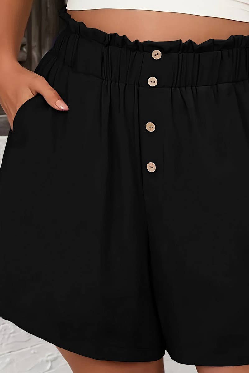 CWBSP0561_SOLID ELASTIC WAIST BUTTON CASUAL SHORTS