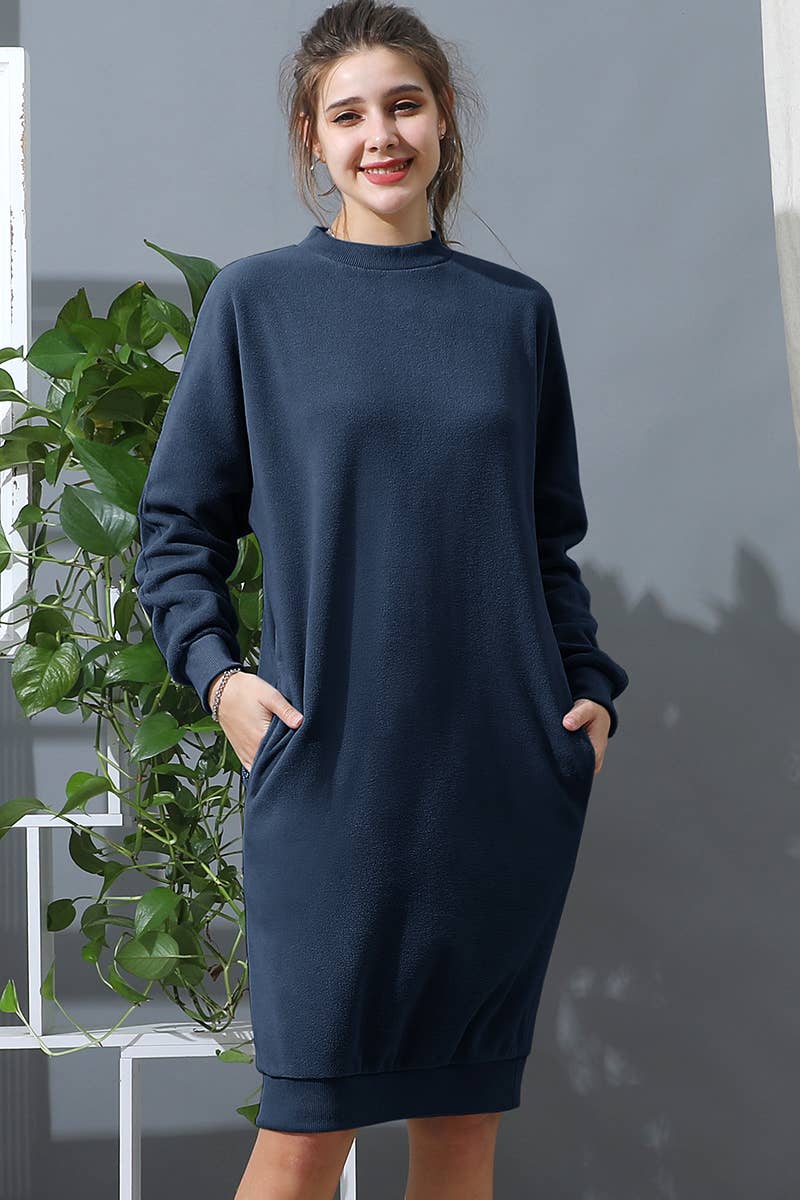 CWDMD793-P_R NECK FLEECE PULLOVER DRESS WITH SIDE POCKETS