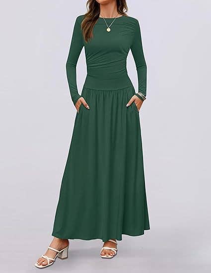 CREW NECK PLEATED POCKET SLIM LONG-SLEEVE DRESS