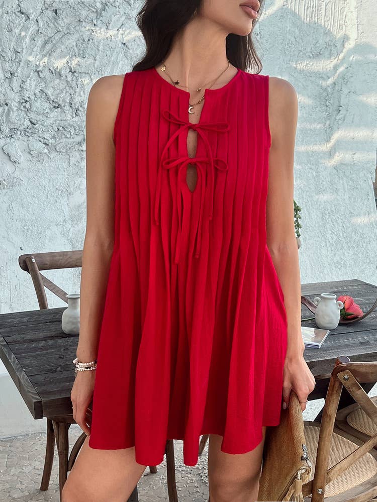 Casual lace-up pinched sleeveless short dress