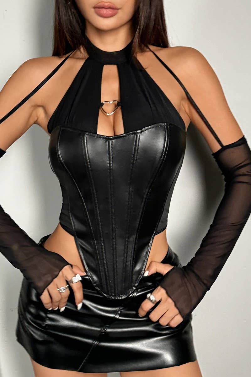 CWTBLL3640_PU LEATHER STITCHING SLEEVE HALTER NECK TOP