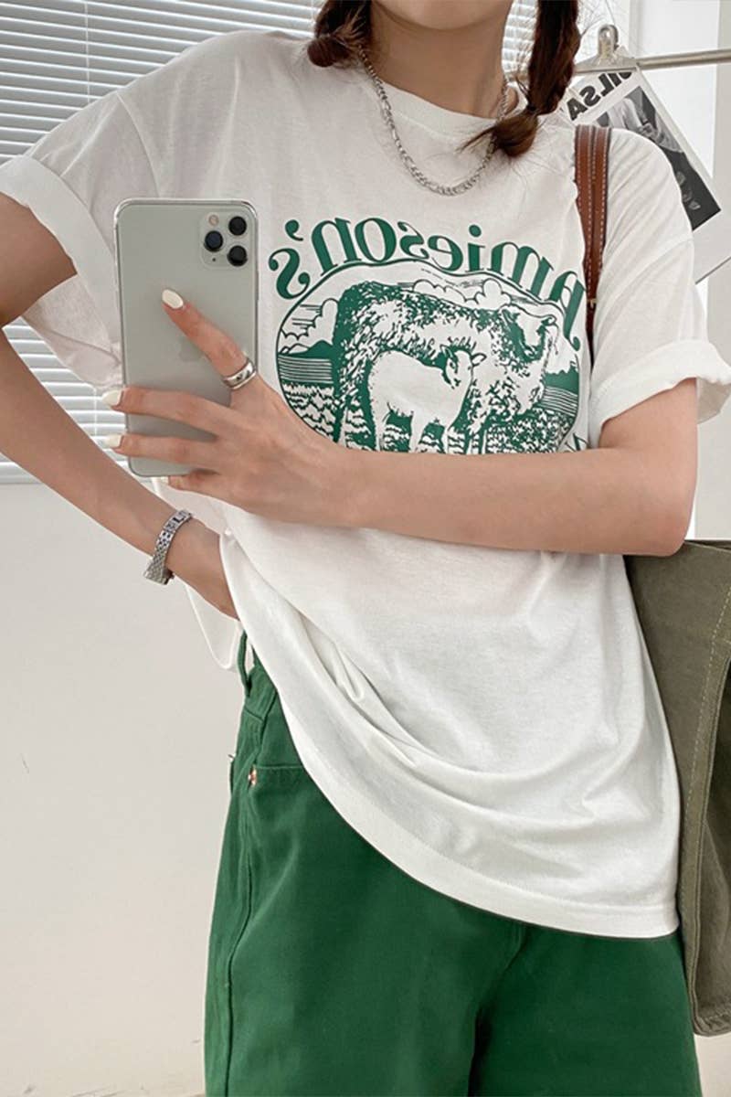 CWTTS1003_LAMB PRINT ROUND NECK SHORT SLEEVED T SHIRT