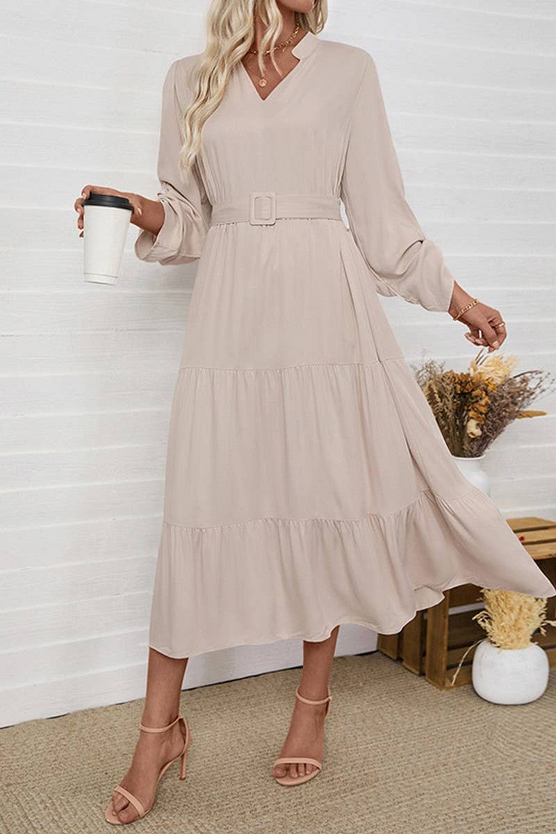 CWDMD6288_SOLID BELTED STAND COLLAR LONG SLEEVE DRESS