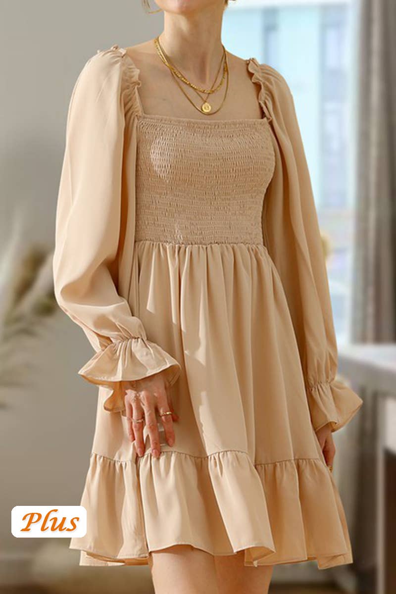 CWDSD10342_RUFFLE HIGH WAIST LONG SLEEVE CASUAL DRESS