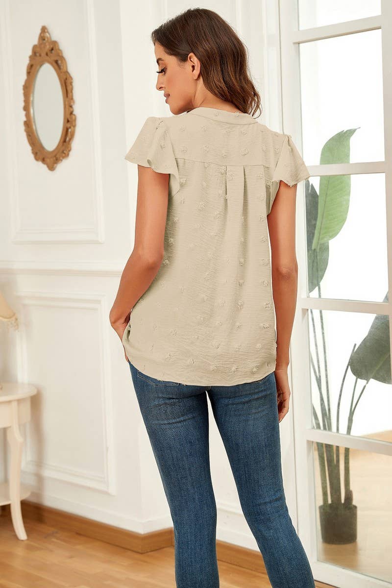 CWTBLS0606_V-NECK RUFFLED SLEEVE CHIFFON SHORT-SLEEVED TOP