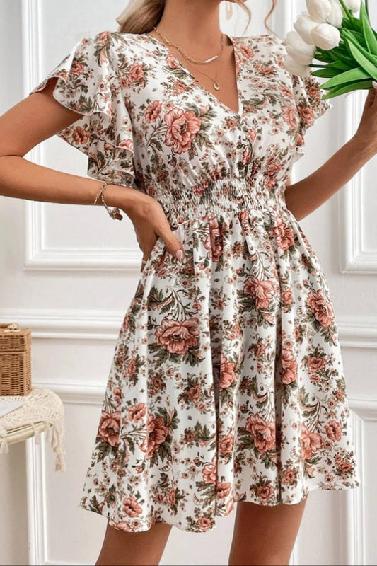 CWDSD10544_ELEGANT FLUTTERING SLEEVE WAIST FLORAL DRESS