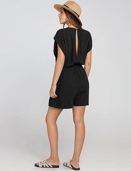 COTTON LINEN CASUAL BELTED SHORT SLEEVE ROMPER