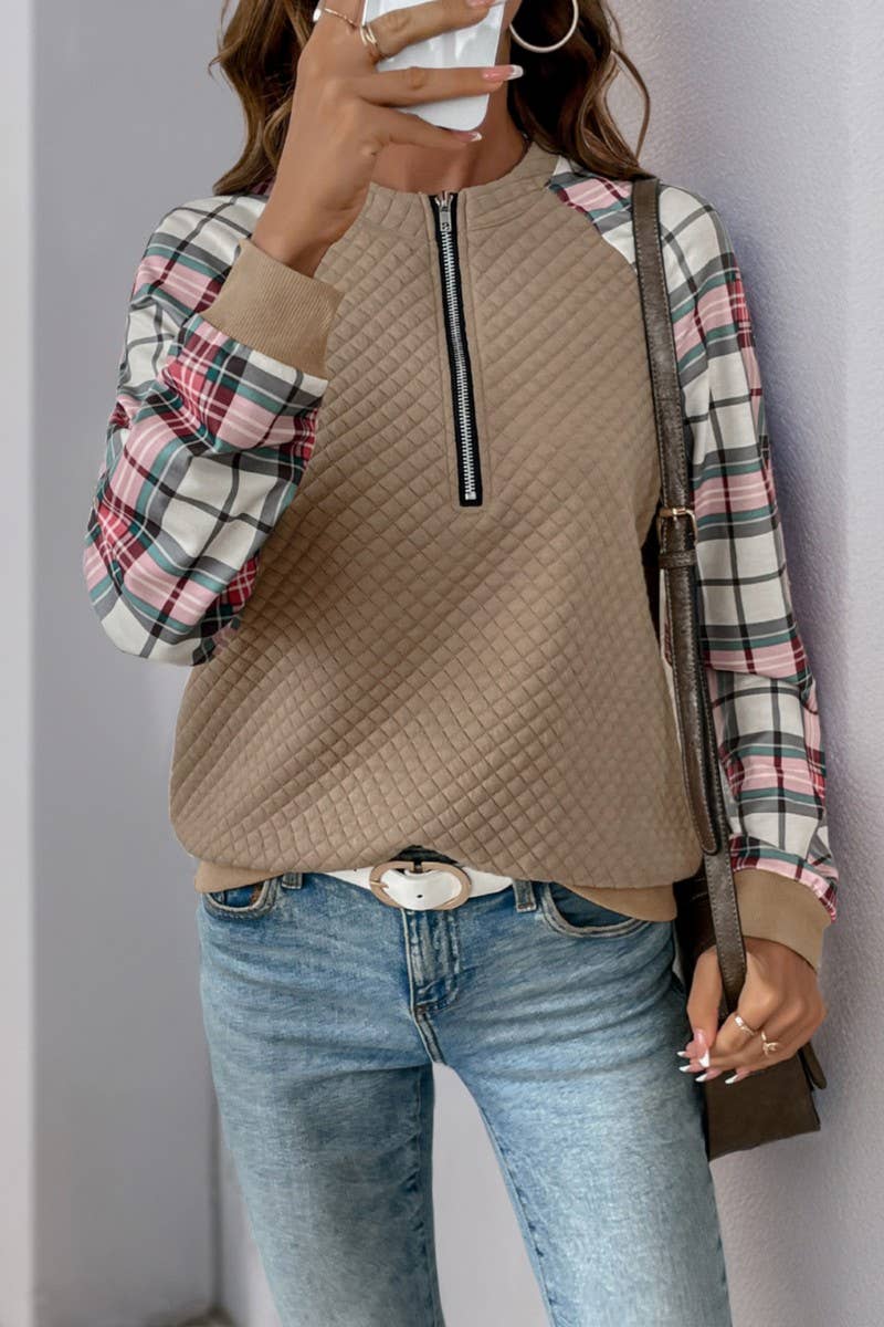 CWTBLL3709_AUTUMN PLAID PATCHWORK RETRO PULLOVER SWEATSHIRT