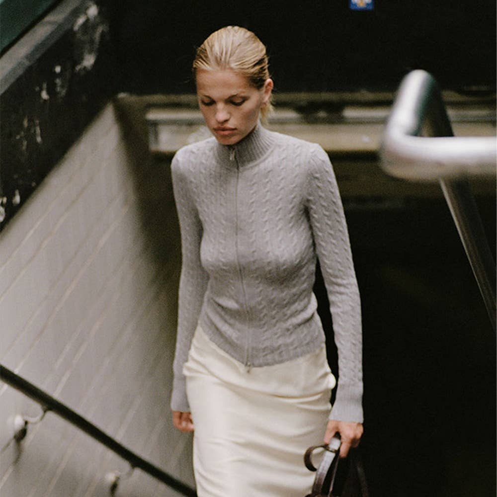 Fashionable semi-high neck zipper knit cardigan