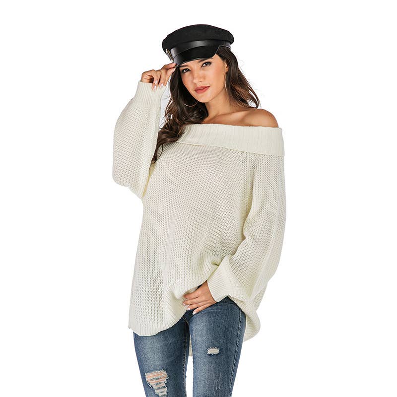 Bat-sleeved one-neck pullover knitted sweater