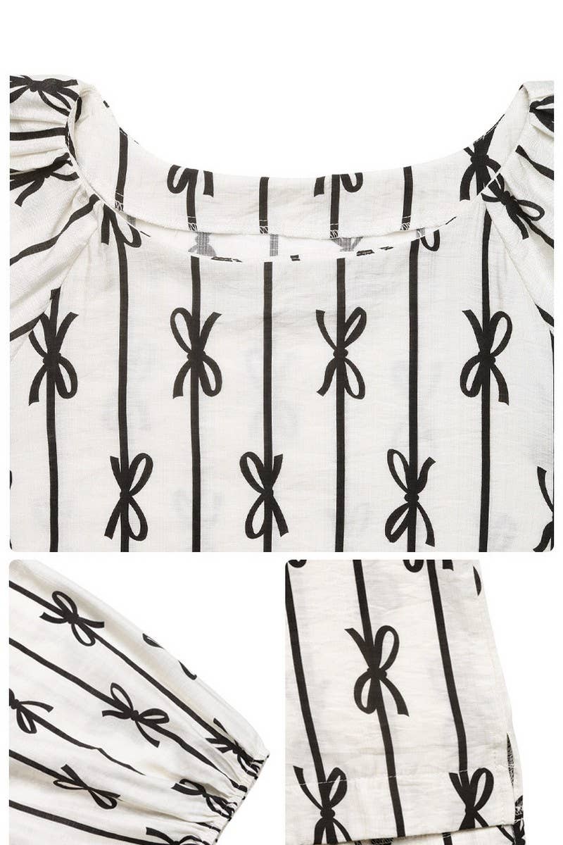 CWTBLS2134_PUFF SLEEVE SQUARE NECK BOW TIE STRIPE SHIRT