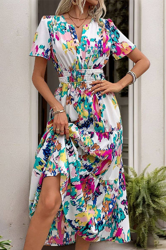 CWDMD4488_SUMMER V-NECK PRINTED MID-LENGTH DRESS FOR WOMEN