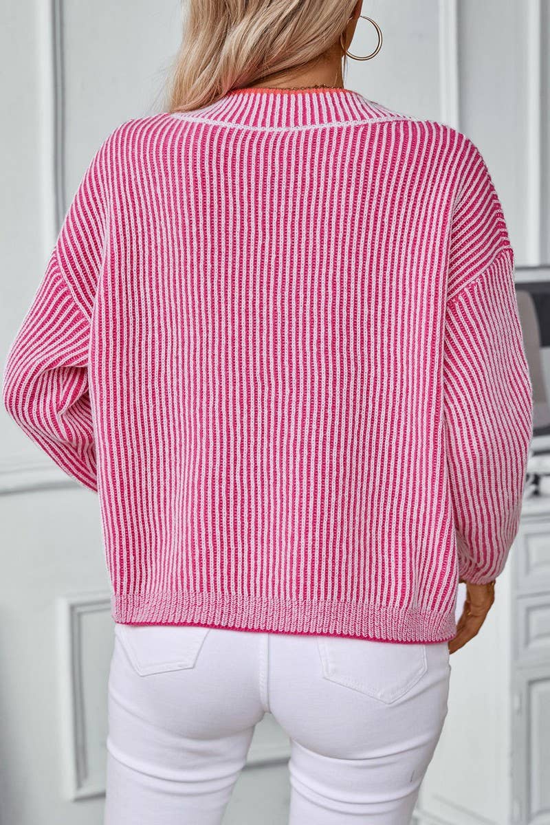 CWOSWL2834_V-NECK STRIPED CASUAL PULLOVER KNIT TOP