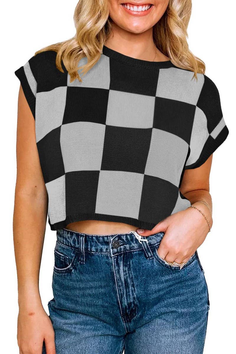 CWTTS1362_SUMMER NAVEL CHECKERBOARD SHORT SLEEVE KNIT TOP