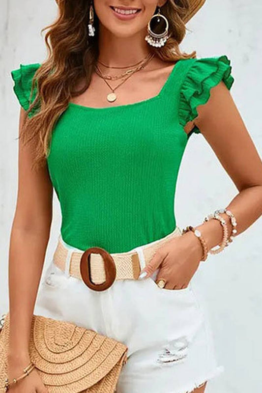 CWTTSL0347_KNITTED JACQUARD SQUARE NECK SHORT-SLEEVED T-SHIR