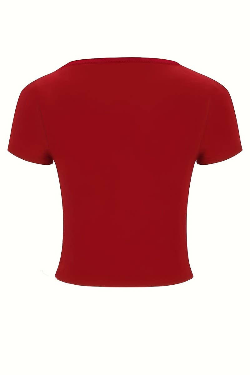 CWTTS1582_SUMMER ELASTIC V-NECK T-SHIRT SHORT-SLEEVED TOP