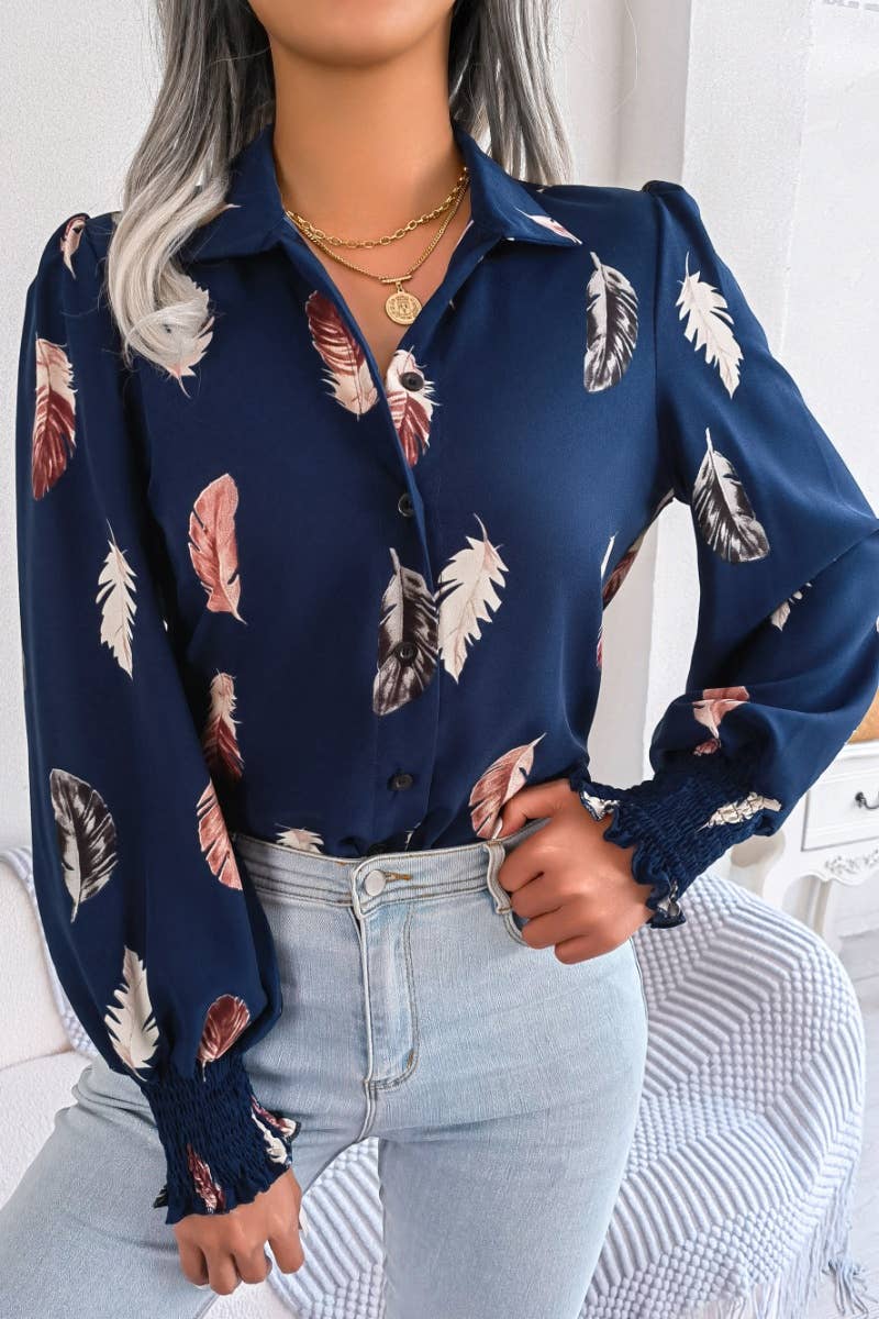 CWTSTL1206_SUMMER CASUAL FEATHER PRINT LONG-SLEEVED SHIRT