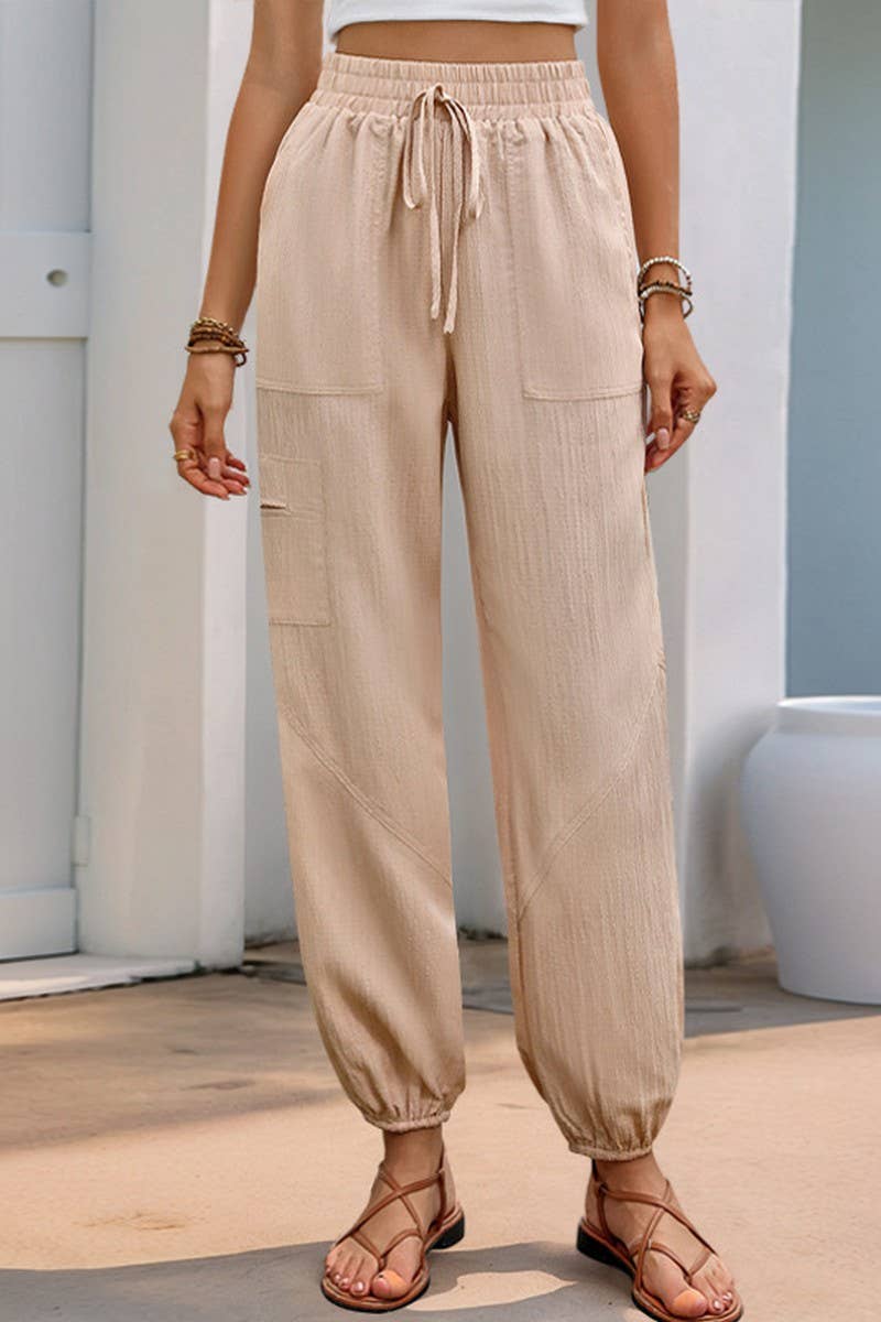 CWBLP1634_SOLID COLOR TEXTURED LACE-UP TROUSERS