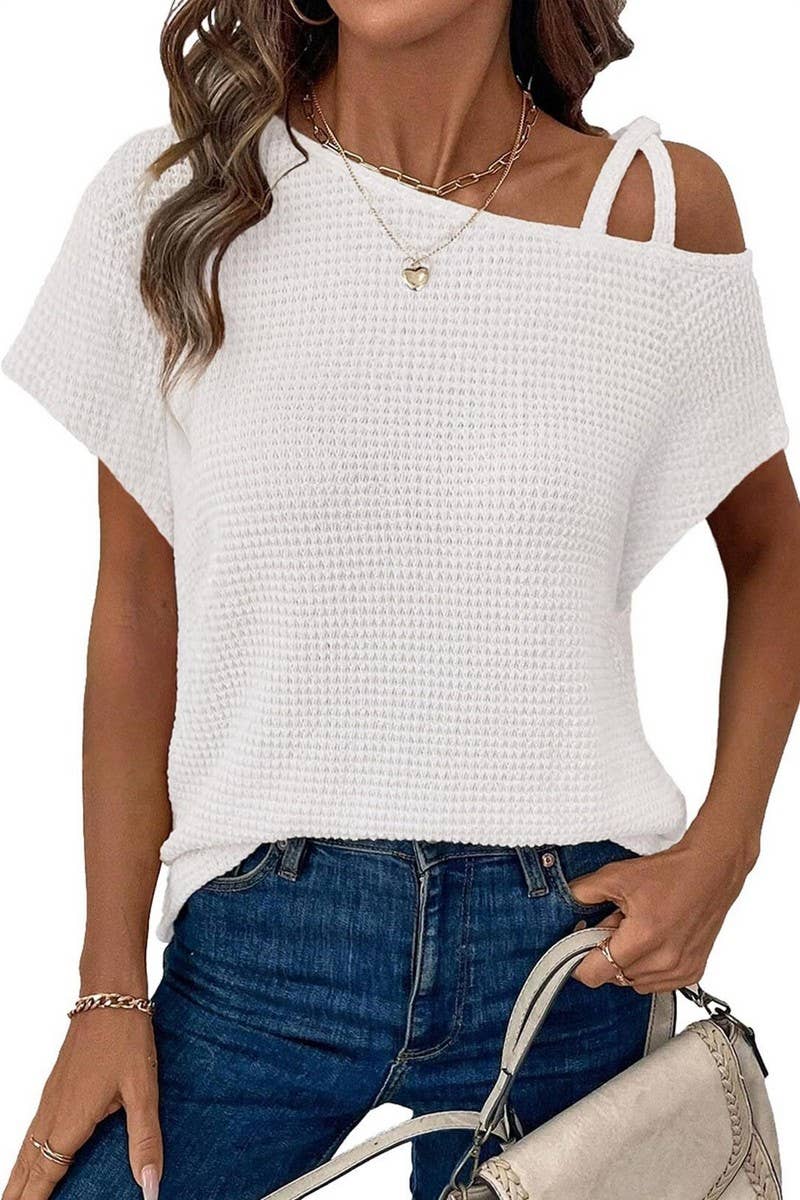 CWTBLS1617_SOLID COLOR OFF-SHOULDER SHORT-SLEEVED KNIT TOP