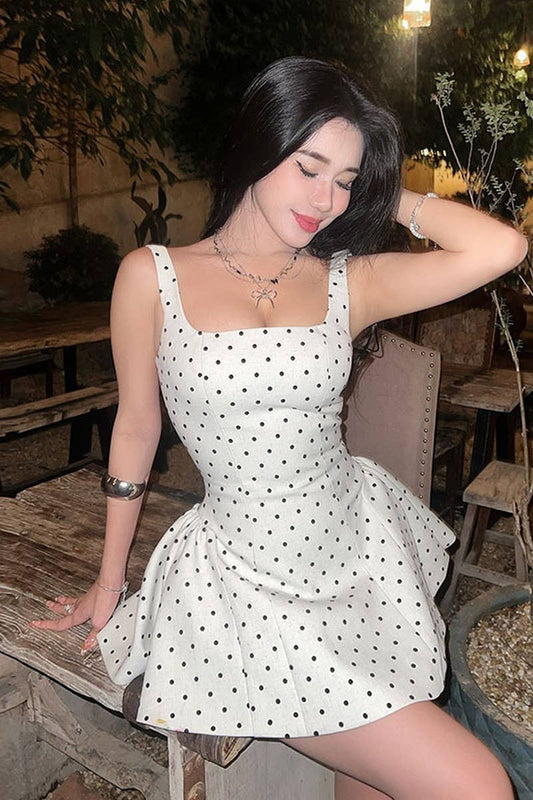 CWDSD7625_POLKA DOT SQUARE NECK A-LINE TANK DRESS