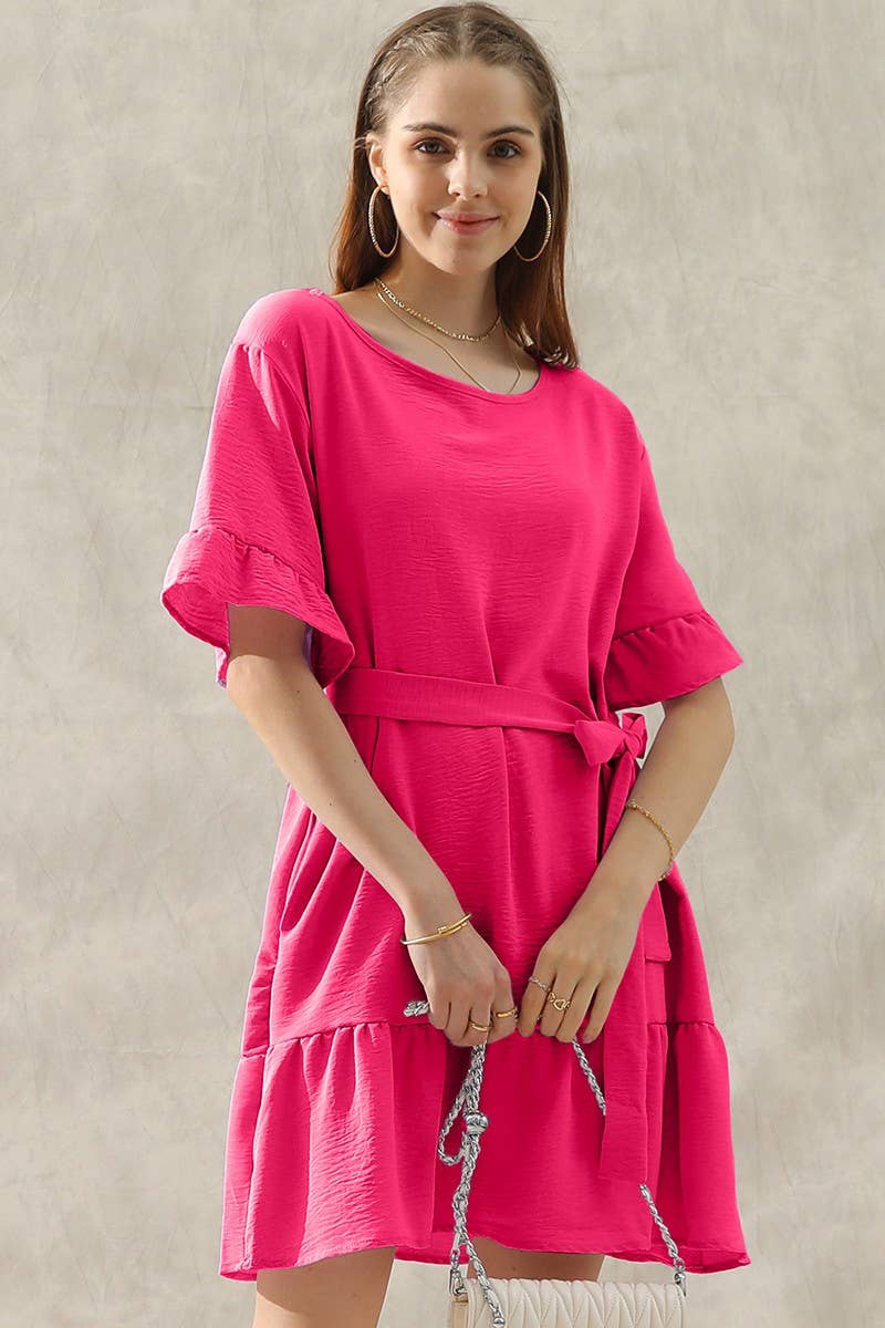 CWDSD10405_WAIST BOW TIE MIDI RUFFLE SHORT MIDI DRESS