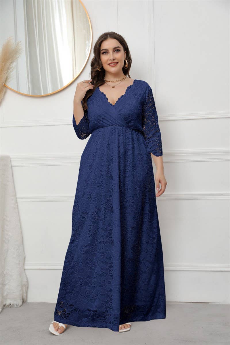 CWDMD3208_PLUS SIZE V NECK LACE LONG GOWN DRESS