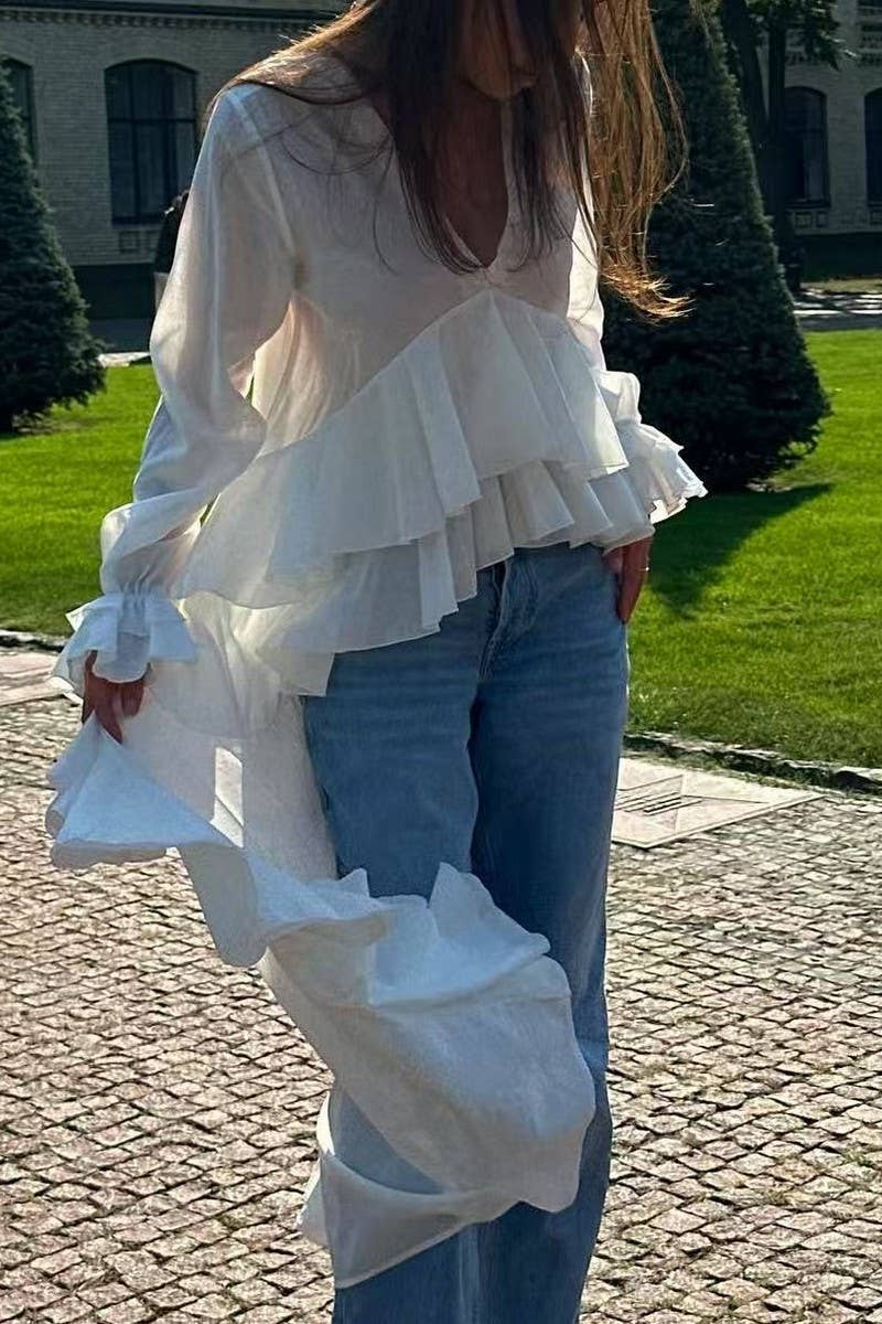 CWTSTL2877_V-NECK LONG SLEEVE ASYMMETRICAL HEM BLOUSE