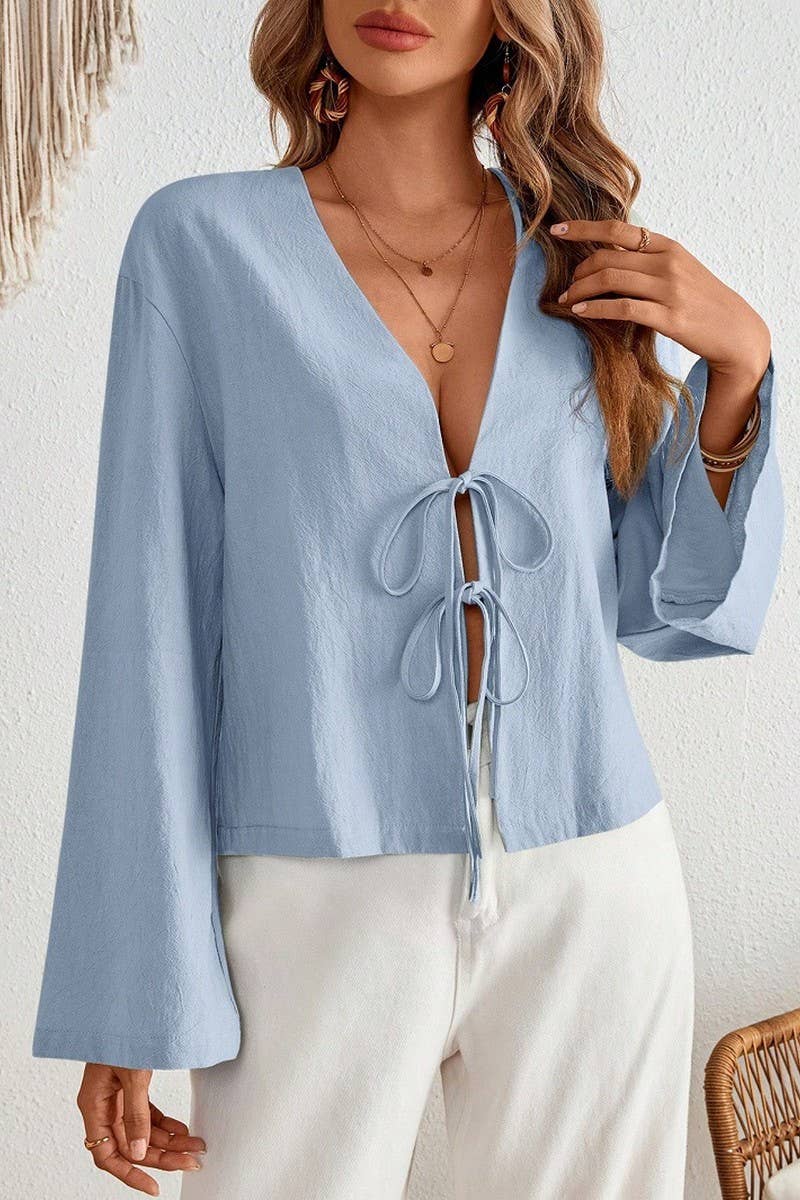 CWTBLL01153_TIE FRONT LIGHTWEIGHT FLARE SLEEVE CARDIGAN