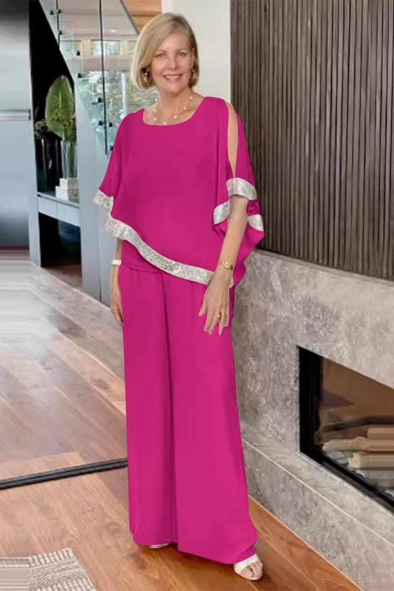 CWSTB1401_ROUND NECK SEQUIN TOP WIDE LEG PANTS SET