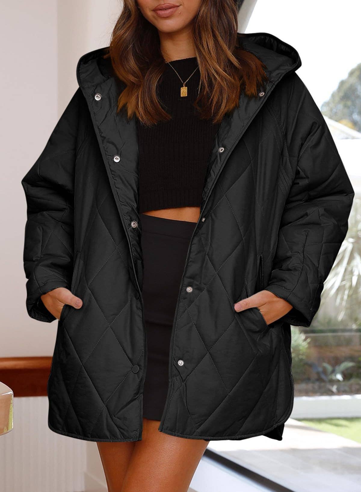 CASUAL QUILTED DIAMOND HOODED LIGHT JACKET
