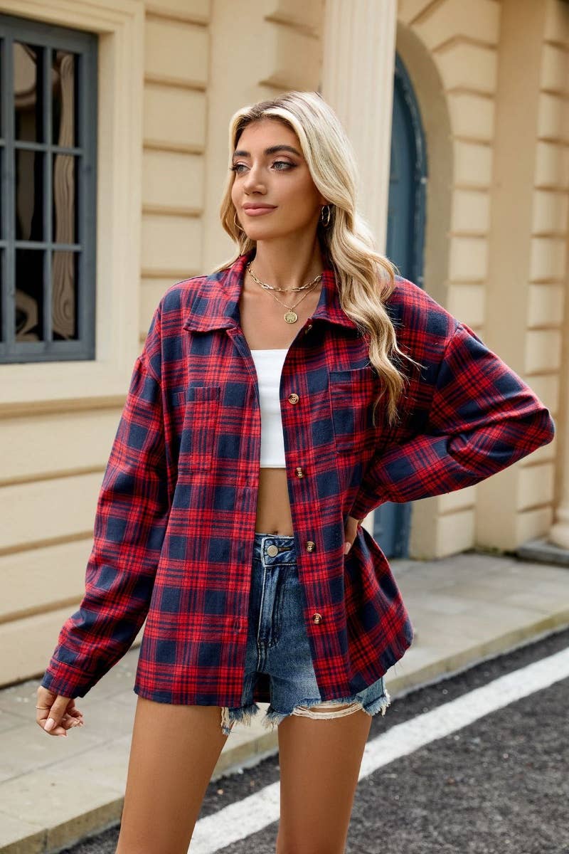 CWTSTL1711_STYLISH LONG SLEEVE POCKET PLAID SHIRT TOP