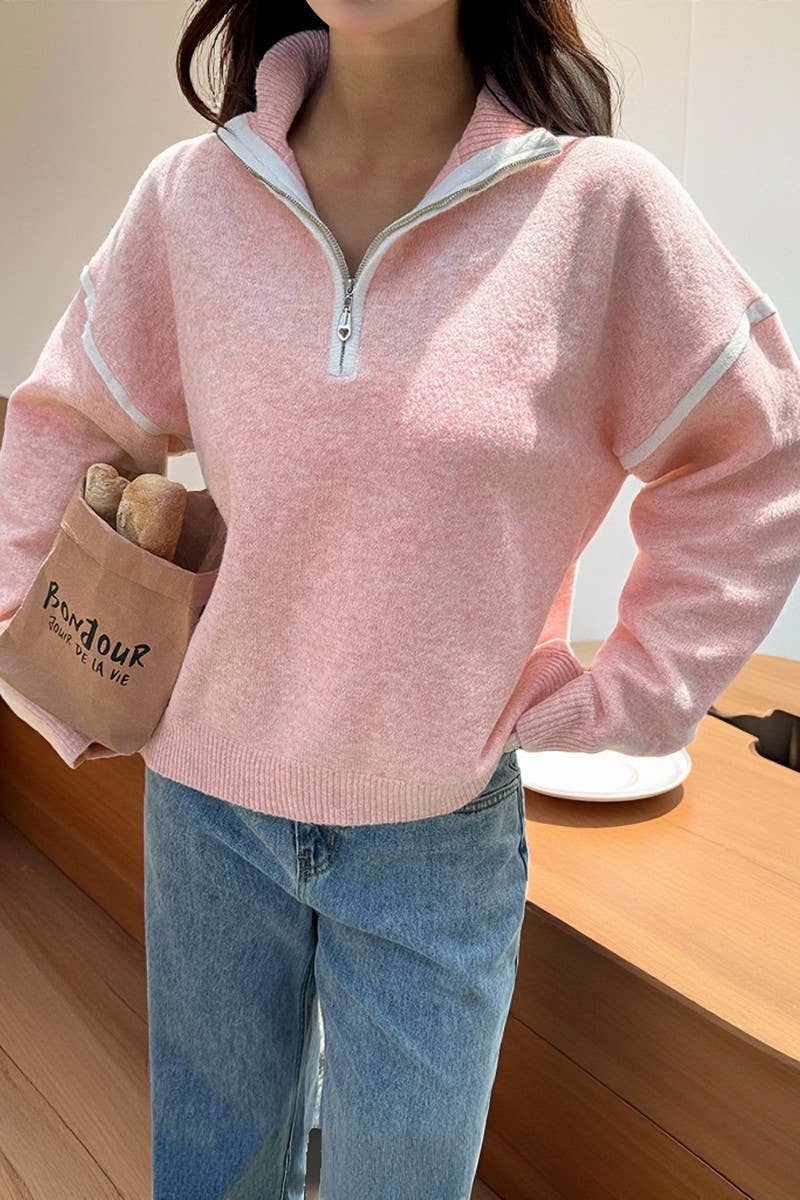 CWOSWL07487_CASUAL SIMPLE SOLID LONG SLEEVE ZIP SWEATER