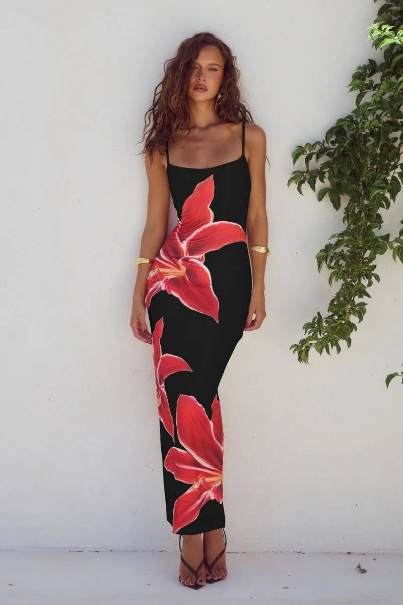 CWDMD5987_SEXY FLOWER HIP-HUGGING SLIT SUSPENDER LONG SKIRT