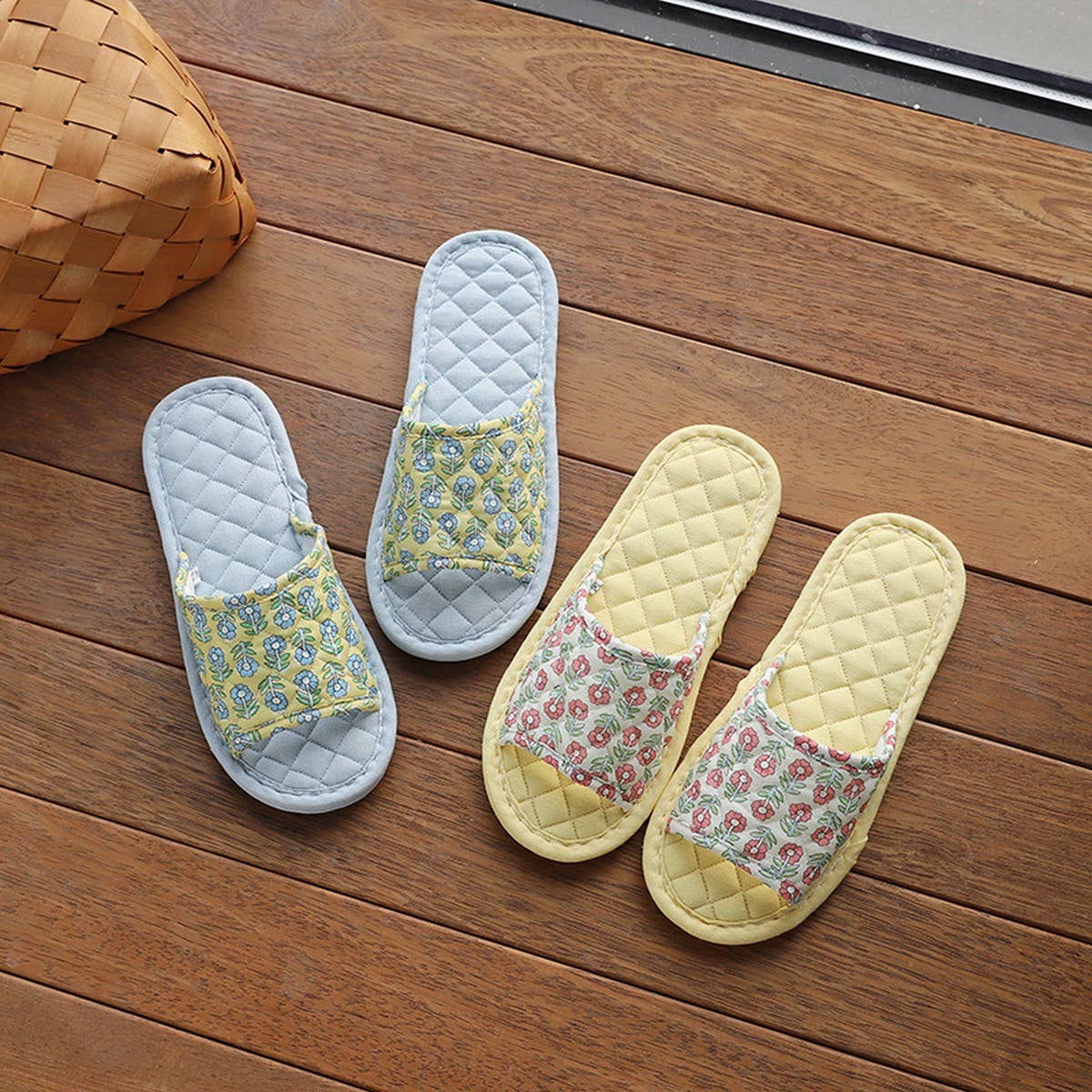 Floral Cotton Linen Slippers with Soft Sole
