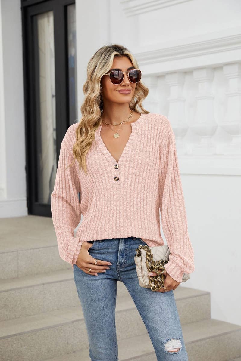 CWOSWL6561_V-NECK BUTTON-UP LONG-SLEEVED SWEATER