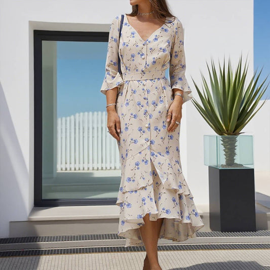 ASYMMETRICAL DESIGN V-NECK FLARED SLEEVE DRESS_CWDMD01096